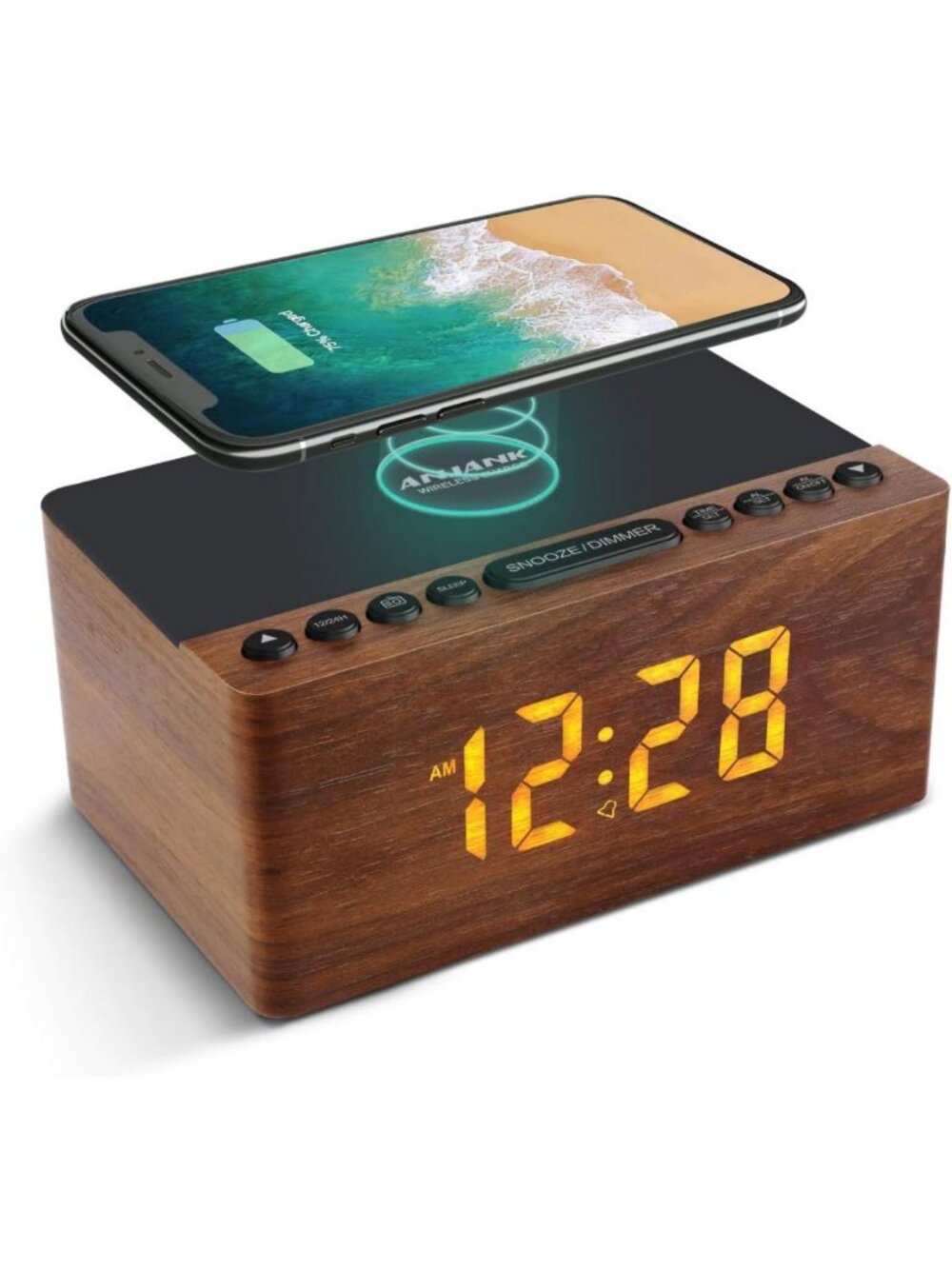 Wooden Digital LED Alarm Clock with FM Radio & Fast Wireless Charger, USB Port
